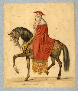 32656 Afbeelding van een kostuumontwerp van de kardinaal van Trente te paard, figurant in de maskerade van de studenten ...
